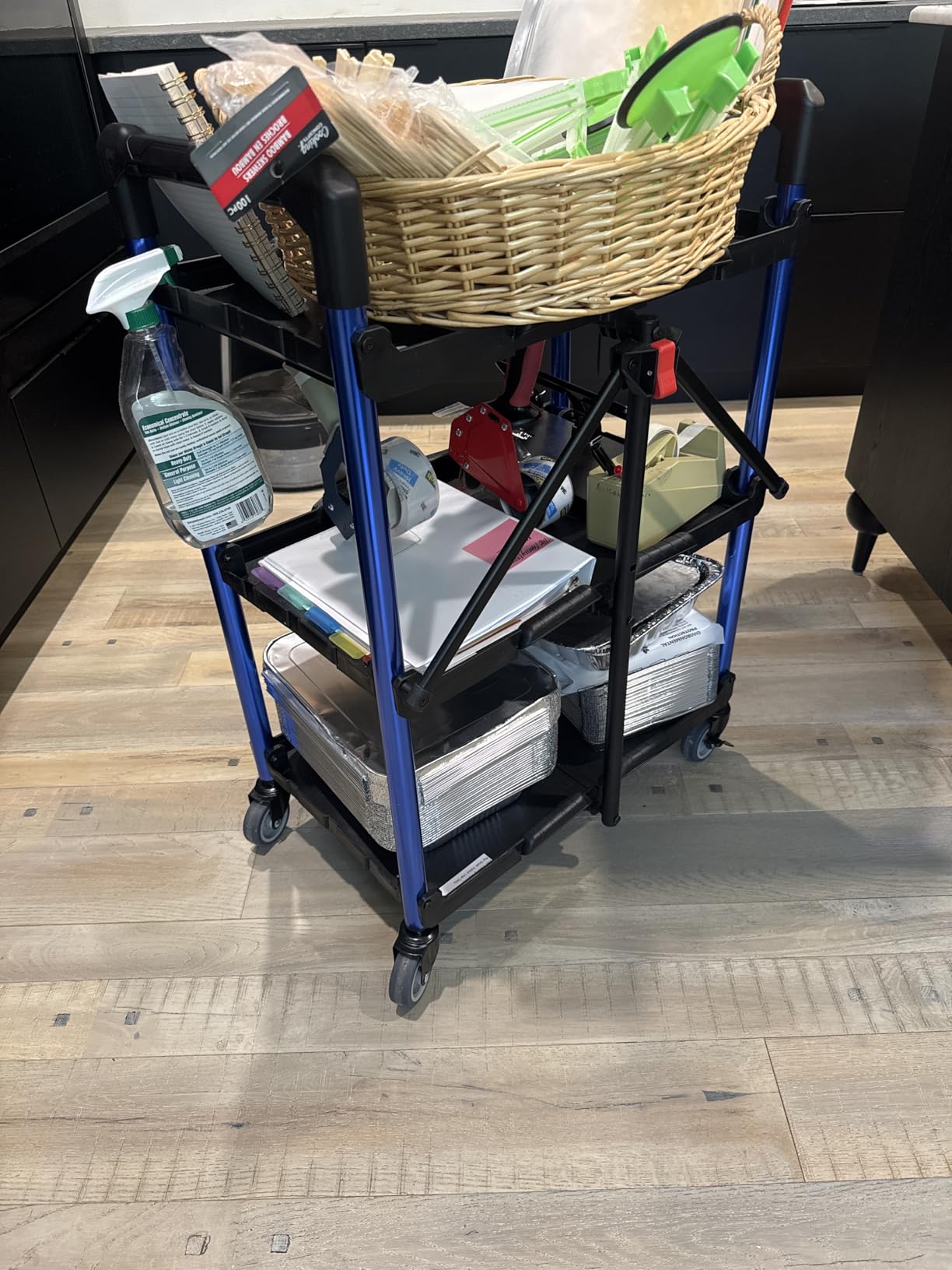 WORKPRO 3-Tier Collapsible Service Cart, Black/Blue, 210 LBS Foldable Utility Cart with Wheels, Portable Rolling Tool Cart for Garage, Warehouse, Home, Restaurant and Office customer photo 2