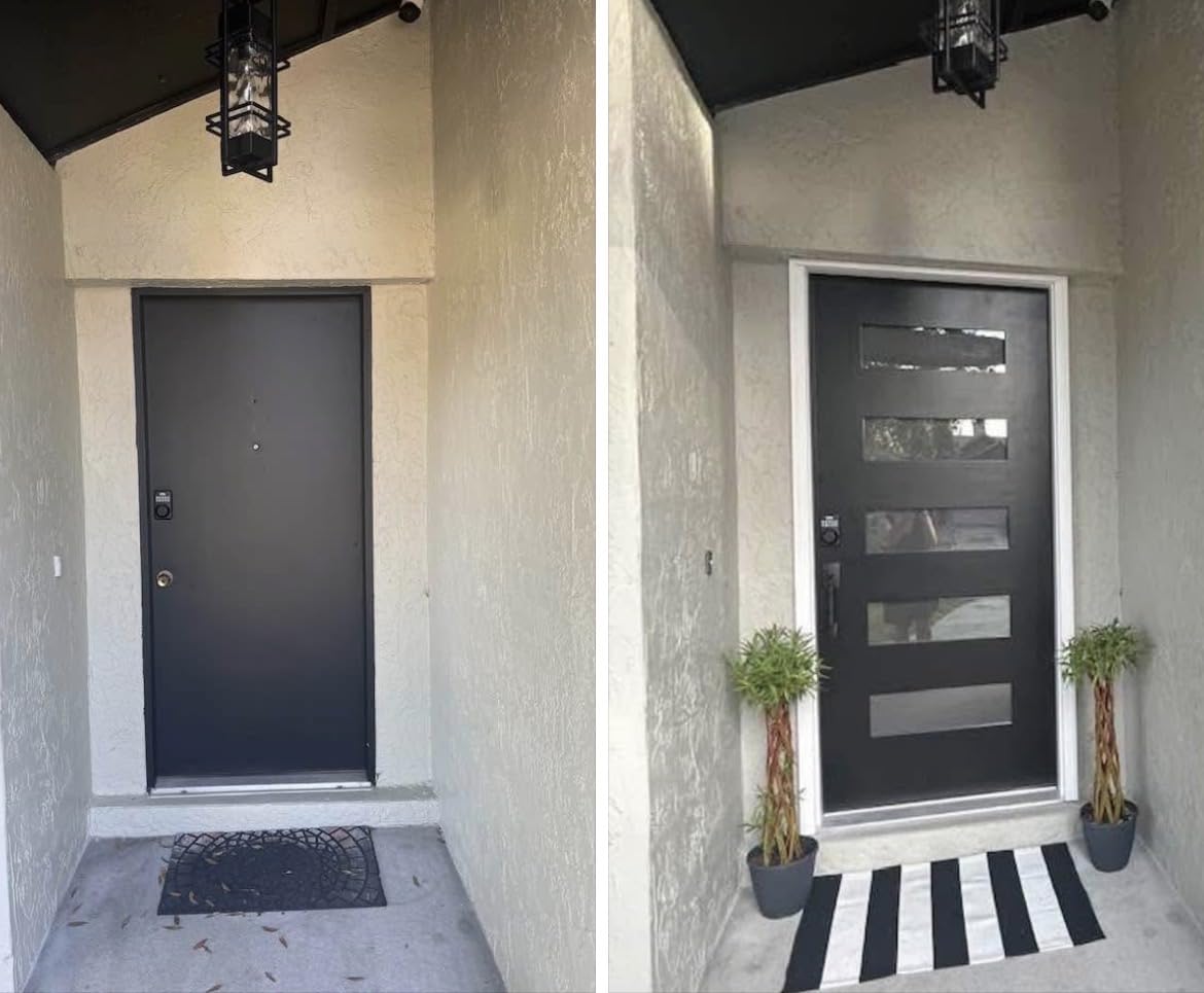 36 x 80 Fiberglass Entry Door with Brickmould, Frosted Glass, Black Finished Knock-Down Fiberglass Door - Contemporary Style for Home's Front Entrance, Right Hand Inswing with Vinyl Frame customer photo 2