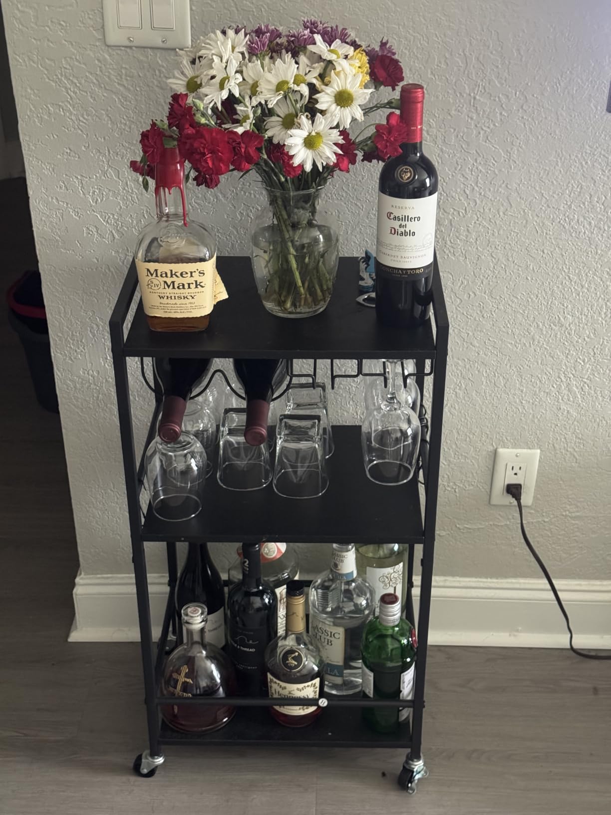 TUTOTAK Bar Cart, Home Bar Serving Cart with 3-Tier Shelf, Drink Cart with Wine Rack, Glass Holder, Rolling Bar Cart for Home, Living Room, Brown customer photo 1