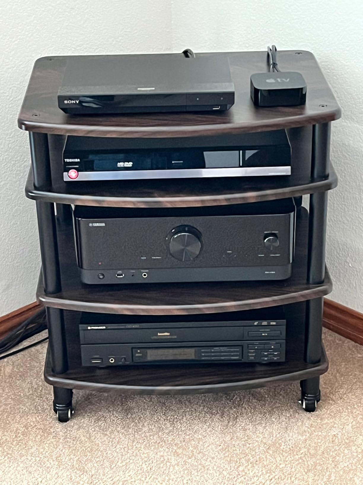 Rockville FLX Dark Wood Adjustable Height 4 Shelf Home Theater Audio Rack Stand, 24