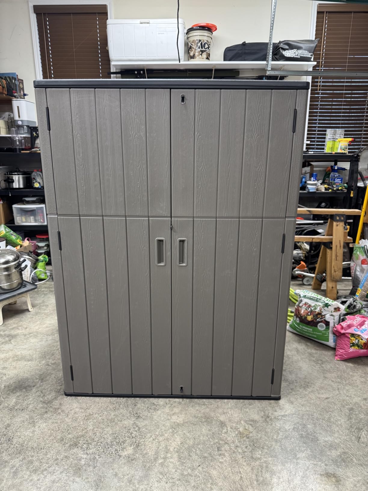 KINYING Outdoor Vertical Storage Shed,57 Cu.ft Outdoor Storage Cabinet Waterproof,Resin Sheds & Outdoor Storage Clearance for Garden,Patio,Backyard,Lockable (Black) customer photo 1
