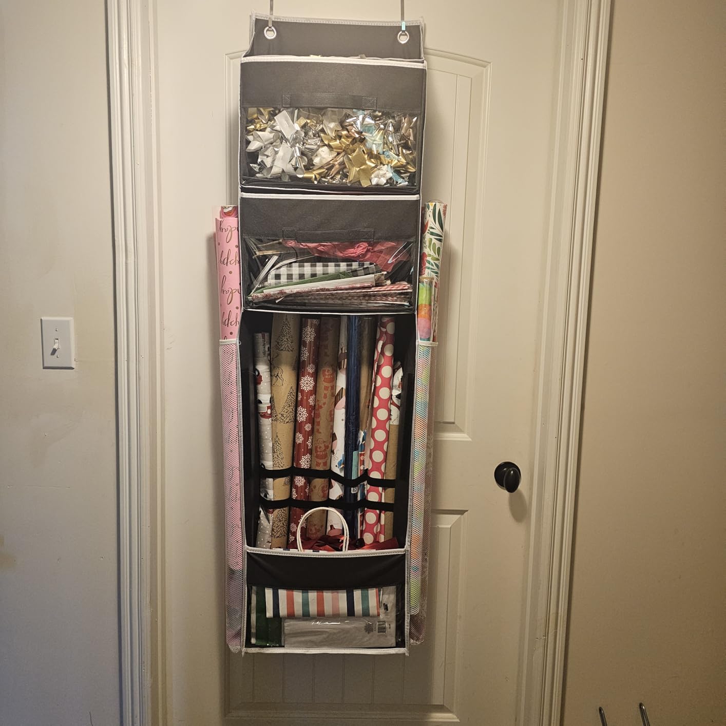 Over Door Wrapping Paper Organizer Storage with 3 Removable Drawers & Side Pockets - Dual Use Design with Elastic Straps - Christmas Gift Wrap Storage for Ribbons, Bows, Ornament and Other Tools 1Pack customer photo 1