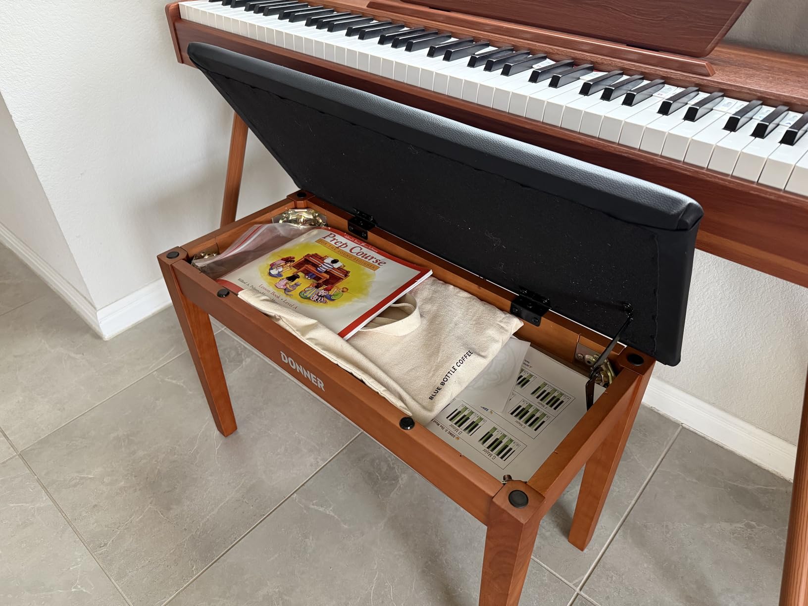 Donner Duet Piano Bench with Storage, Solid Wooden Keyboard Bench Piano Bookcase Stool Chair Seat with High-Density Sponges Padded Cushion, Wood Finish Color customer photo 1